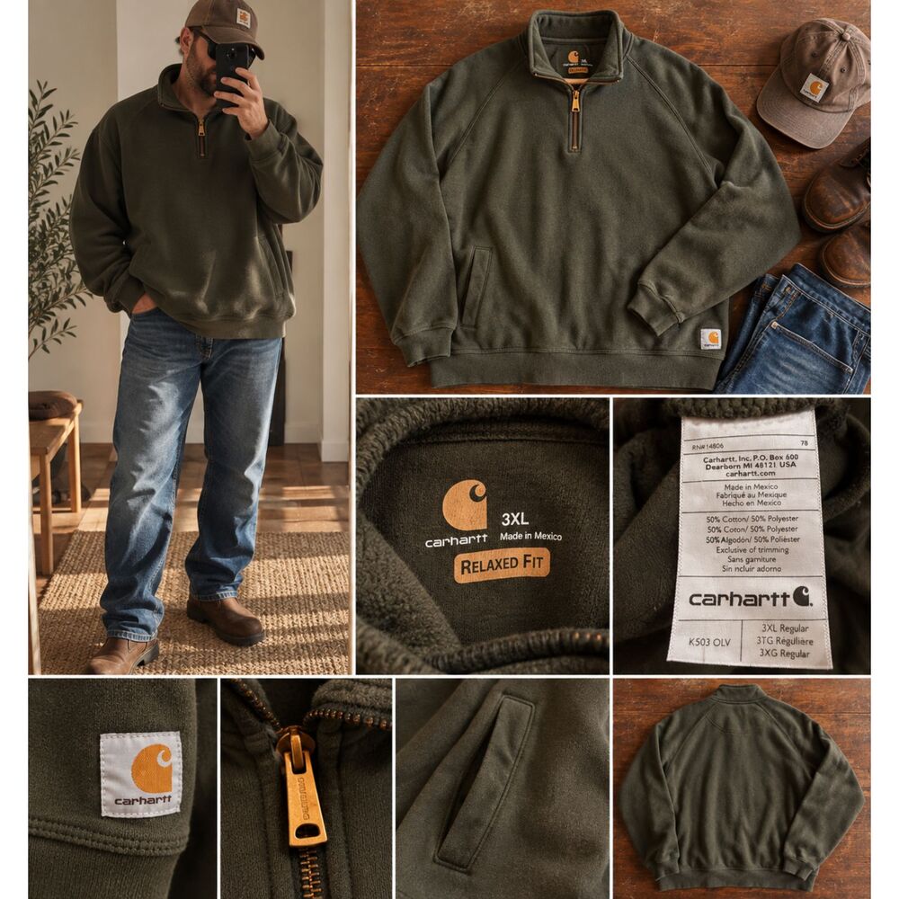 Carhartt K503 3XL Olive Quarter Zip Mock Neck Sweatshirt Relaxed Fit